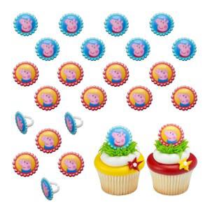 데코팩 페파 돼지 남매 반지 페파와 가 등장하는 컵케이크 장식 파란색과 노란색 3D 안전 케이크 토핑 u2013 24팩
