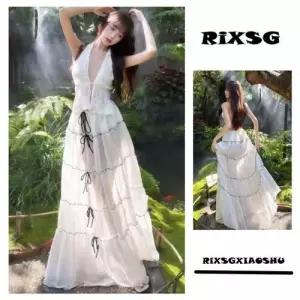 수피 여친 블랙 바캉스 상의 반투명 수영복 롱스커트 비치웨어 비치 라운드 홀터넥 웨이스트 프렌치 바캉스