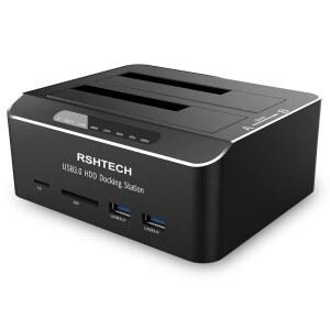 하드 드라이브 도킹 스테이션 RSHTECH USB 3.0 알루미늄 듀얼 베이 도크 2.5인치 및 3.5인치 SATA HDD SSD(SD /Micro SD 카드 리더 오프라인 클론 / 복제기 기능 지원) - 16TB 도구 필요 없음