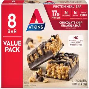 앳킨스 초콜릿 칩 그래놀라 단백질 밀 바 고섬유질 17g 설탕 1g 순 탄수화물 3g 식사 대용품 케토 친화적