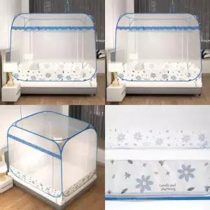 사각 원터치 모기장 200x180cm 블루플라워 침대모기장 텐트형모기장