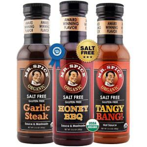 미스터 스파이스 오리지널 3팩, 소금 프리 허니 바비큐, 갈릭 스테이크 & 탱글뱅 핫소스, 텐 프리 소스, 그릴용 저나트륨 마리네이드, 프라이팬 & 에어프라이어, 수상 경력이 있는 맛, 13.5온스 Ea
