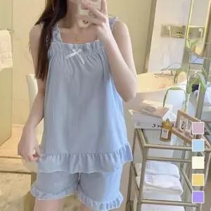 여성 실크 리본 프릴 나시 잠옷 러블리 커플 속옷 결혼 선물