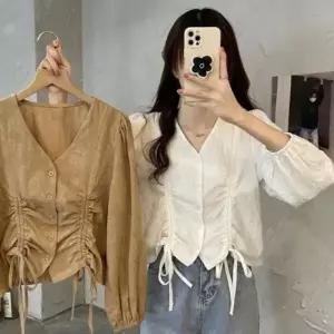 봄 브이넥 가녀린 블라우스 셔링 스트앱 여성스러운 가을 셔링 긴팔 블라우스 여성 봄티셔츠 데스크유니폼