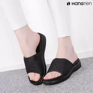 여성용 글리터 쿠션 통굽 슬리퍼 슬라이드 외출용 사무실용