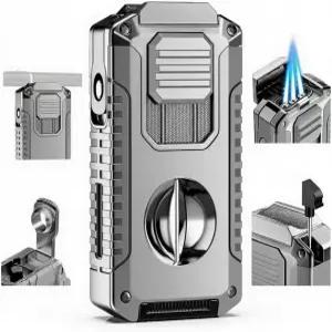 V 커터 펀치 홀더가 장착된 5in1 쿨 남성용 라이터 토치 가능한 박스 리필 드로 화염 트리플 방풍 올인원