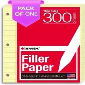 KAISA 루즈 노트북 종이 와이드 룰 안감 용지당 300매 8인치 x 10.5인치 3개의 구멍 뚫린 링 바인더