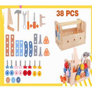 38개/세트 나무 공구 상자 장난감 시뮬레이션 수리 휴대용 바구니 역할 놀이 어린이 교육 선물