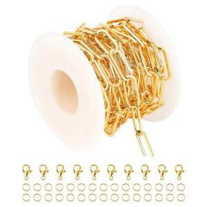 유마오캉 주얼리 제작용 대형 종이 클립 체인, 금 도금 스테인리스 스틸 링크 체인 롤, 점프 링 및 랍스터 클랩 포함