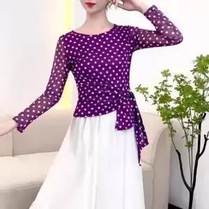 댄스복 방송 아이돌 무대 의상 발표회클래식 댄스 물방울 무늬 미디 여성 탑 슬림핏 패션 스퀘어 유니폼 라