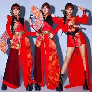 댄스복 방송 아이돌 무대 의상 발표회 치어 리더 유니폼 여성 레드 스타일 재즈 댄서 복장 축제 의류 성인