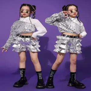 댄스복 방송 아이돌 무대 의상 발표회 힙합 크롭탑 스팽글 실버 반바지 세트 키즈 재즈 슬리브 아동 스트릿