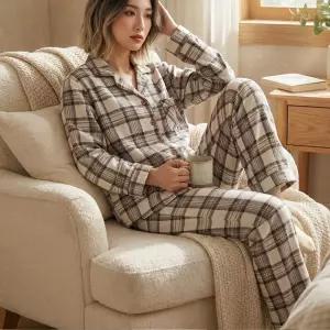 파자마 아이보리 그레이 커플파자마세트 코크니앵 체크 잠옷세트 홈웨어 겨울 여자실내복