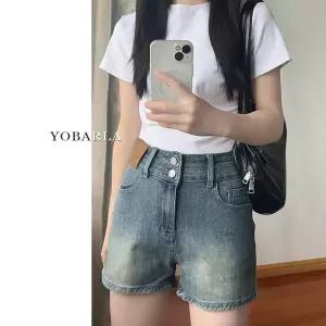 데님 여사친 빈티지 가을 청반바지 일자 반바지 얇은 빅사이즈 하이웨스트 스판 슬림핏 A라인 핫팬츠 원픽3