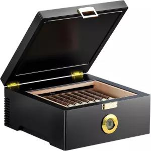 킹치 전기 온도 조절 시가 박스(64°F-74°F) 360° 공기 순환용 불리드 인 팬 스페인 시더 우드 및 온도계