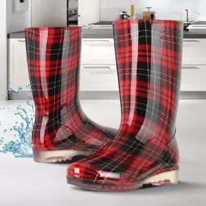 체크무늬 여자레인부츠 화려한 여성패션장화 급식실 작업화 세차 수산업 축산업 공업