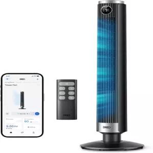 침실용 DREO 스마트 40 -45 타워형 선풍기 조절 가능한 높이 28피트/초 속도 DC 모터 9단 4모드 90° 진동
