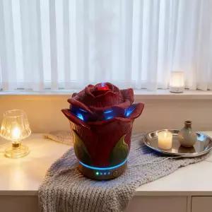 세라믹 핸드페인팅 로즈 에센셜 오일 디퓨저 80ml 타이머 야간 조명 및 자동 꺼짐 기능 홈 오피스 (크림슨)