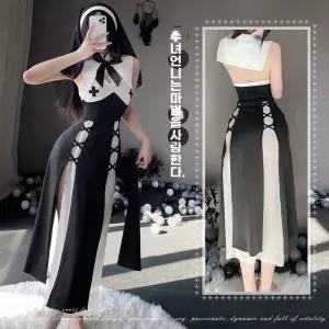 섹시한 코스프레 할로윈 유니폼 하이 슬릿 드레스 수녀