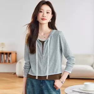 여성용 니트 가을 투피스 쇼트 상의 스웨터 후드 가짜 카디건 스트라이프 핏 원픽3