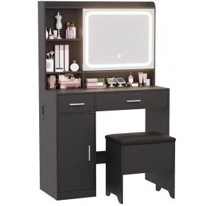 슬라이딩 미러 및 전원 콘센트가 있는 Hogxp 베니티 데스크 - 디밍 가능한 LED 조명, 열린 선반 4개, 서랍 2개, 수납 캐비닛 1개 및 패딩 스툴 - 이상적인 침실 메이크업 화장대 블랙