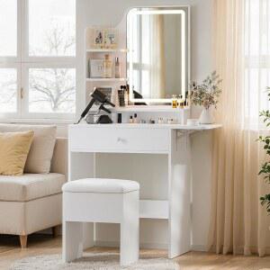 거울과 조명이 있는 해원 작은 화장대 책상, 전원 콘센트가 있는 메이크업 테이블, 수납 서랍이 있는 컴팩트한 화장대, 접이식 패널 및 침실용 의자, 흰색