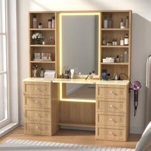 38개의 u201D 거울과 조명이 있는 NKUGCFC 47.2 u201D 메이크업 베니티 데스크, 분리 가능한 상단이 있는 모던 톨 베니티 테이블, 서랍 및 선반 보관함 8개, 침실용 화장대 내장 전원 콘센트