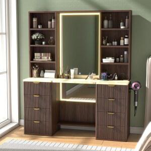 47인치 x22인치 전신 LED 조명 거울이 있는 SFDU 47.2인치 플립탑 플루티드 메이크업 베니티 데스크, 8개의 서랍장을 제공하는 모던한 화장대, 열린 선반, 침실용 내장 충전소(월넛)