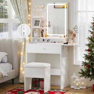 LED 거울과 충전소가 있는 해원 소형 화장대, 수납 의자가 있는 메이크업 화장대, 접이식 패널이 있는 흰색 컴팩트 화장대, 침실용 서랍 및 선반