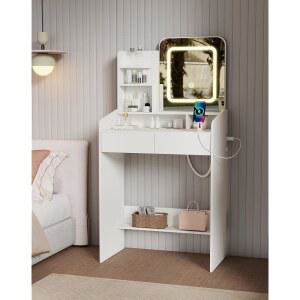 불이 켜진 거울이 있는 소녀들을 위한 Favoduerme 작은 메이크업 화장대, 서랍 2개와 전원 콘센트가 있는 26.5 u201D W 화장대, 3가지 조명 모드 및 조절 가능한 밝기, 여성 침실용 화장대, 흰색