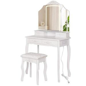 삼중 접이식 LED 거울이 있는 HVCBOSS 메이크업 베니티 데스크, 서랍 4개 및 선반 개방형, 내장 충전소(출구 2개 + USB 2개), 작은 침실/잠자리용 의자가 있는 컴팩트한 화장대