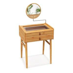 거울이 있는 셰프조이 보호 베니티 데스크, 수납 서랍 2개와 강화 유리 테이블 상판이 있는 대나무 메이크업 베니티 테이블, 침실, 거실, 작은 공간을 위한 컴팩트한 화장대