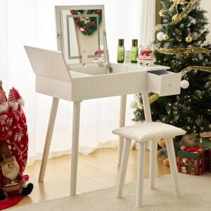 칼 홈 화이트 베니티 데스크, 침실용 플립탑 거울 및 조명, 서랍 및 수납 공간이 있는 소형 컴팩트 베니티, 작은 공간을 위한 쿠션 의자가 있는 32인치 메이크업 화장대