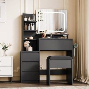 거울과 LED 조명이 있는 베니티 데스크, 36인치 메이크업 베니티 데스크, 전원 콘센트, USB 포트, 의자, 3가지 색상 조절 가능한 조명, 서랍 4개가 있는 화장대, 침실, 여성용 수납 선반, 블랙