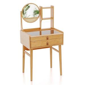 거울이 있는 셰프조이 보호 베니티 데스크, 수납 서랍 2개가 있는 대나무 메이크업 베니티 테이블, 허치 선반 및 강화 유리 테이블 상판, 침실용 작은 화장대, 거실