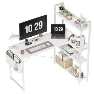 트리슬랜드 47인치 컴퓨터 책상, 책장 포함 코너 책상, 수납공간 포함, L자형 책상, 홈 오피스 책상, 침실용 필기 공부 책상, 흰색