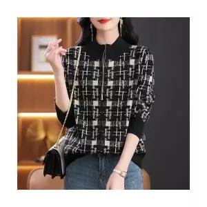 EAMT 여자 야구 점퍼 스탠드 지퍼 집업 체크 스웨터 가디건 시크 엄마룩 니트 코트 루즈핏 아우터 EUNG1