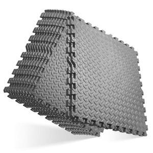 GWT 홈 체육관 바닥재 타일, 운동 기구용 EVA 연동 퍼즐 운동 매트, 바닥 보호 및 놀이 공간, 검은색 폼 타일, 24인치 x 24인치, 0.4인치 두께 커버 48제곱피트(12개 타일) 회색