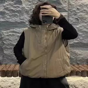 엘럽 여성용 면 캐주얼 조끼 후드 더블 집업 순판 다운 워머 스트링 밑단 원템1