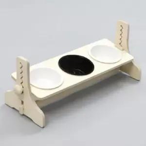 강아지사료 반려동물 높이조절 원목식탁 3구 도자기 화이트블랙