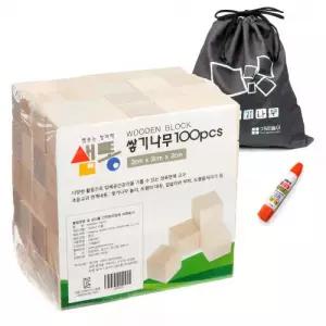 샘통 쌓기나무 2cm 100p(자작) 주머니 목공풀 포함 큐브 원목 정육면체 원목블럭