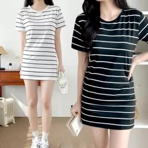 1+1 스트라이프 반팔 원피스 라운드 미니 드레스