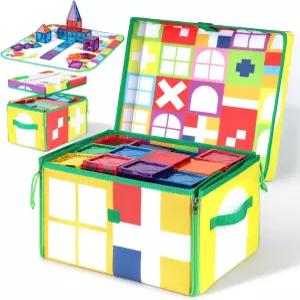 뮤이케니 마그네틱 타일 보관함 및 인터랙티브 플레이 매트 - 타일용 접이식 장난감 정리함 손잡이가 있는