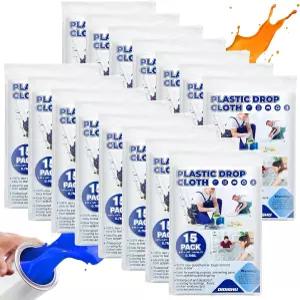 디디슈 15팩 페인트용 플라스틱 드롭 천 두꺼운 투명 페인트 일회용 방수 더스트 시트 9x12피트 칠하기