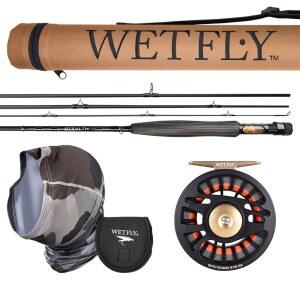 WETFLY UV 보호 장비 및 요소 스텔스 콤보 플라이 낚시 키트 - UPF 50+ 넥 게이터, 페이스 마스크, 5WT 9FT 탄소 섬유 로드, 릴, 케이스 낚시, 하이킹 야외 스포츠용 액세서리