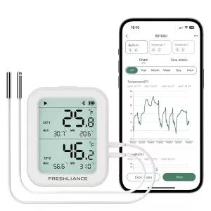 2pc 외부 프로브 디지털 냉장고 온도계 습도계 스마트 앱의 원격 데이터 기록 분석 알람이 포함된