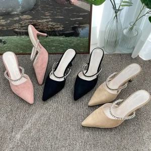 여자로퍼 큐빅 스트랩 스틸레토 미들힐 스웨이드 뮬 블로퍼