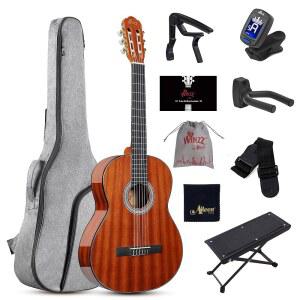 WINZZ 4/4 클래식 기타, 초보자를 위한 39인치 풀사이즈 나일론 스트링 무료 레슨이 포함된 풀 기타 키트, 긱백, 풋스툴, 카포, 튜너, 행거 및 스트랩(글로스 브라운)