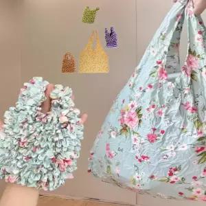 일본접이식장바구니 플라워 꽃 무지 주름 늘어나는 접는 마트 가방 장바구니 에코백 쇼핑백