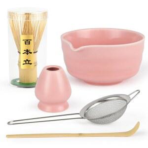 FUPL 핑크 말차 거품기 세트 - 대나무 거품기, 스쿱, 그릇, 세라믹 홀더 및 체가 포함된 만들기 키트 애호가를 위한 5가지 PCS 수공예 우아한 일본 다도 도구 선물